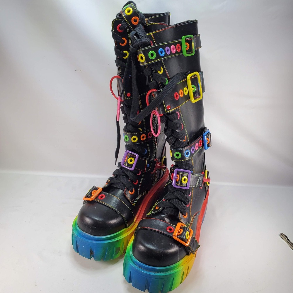 Club Exx CE23-080 Platform Boots Womens 9 Black Rainbow Multi Buckle Festival